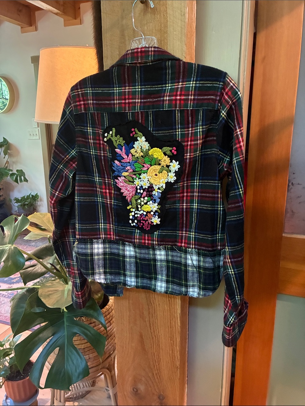 One of a kind L.L. Bean Black & Red Plaid shirt Jacket with Floral Embroidery 😻